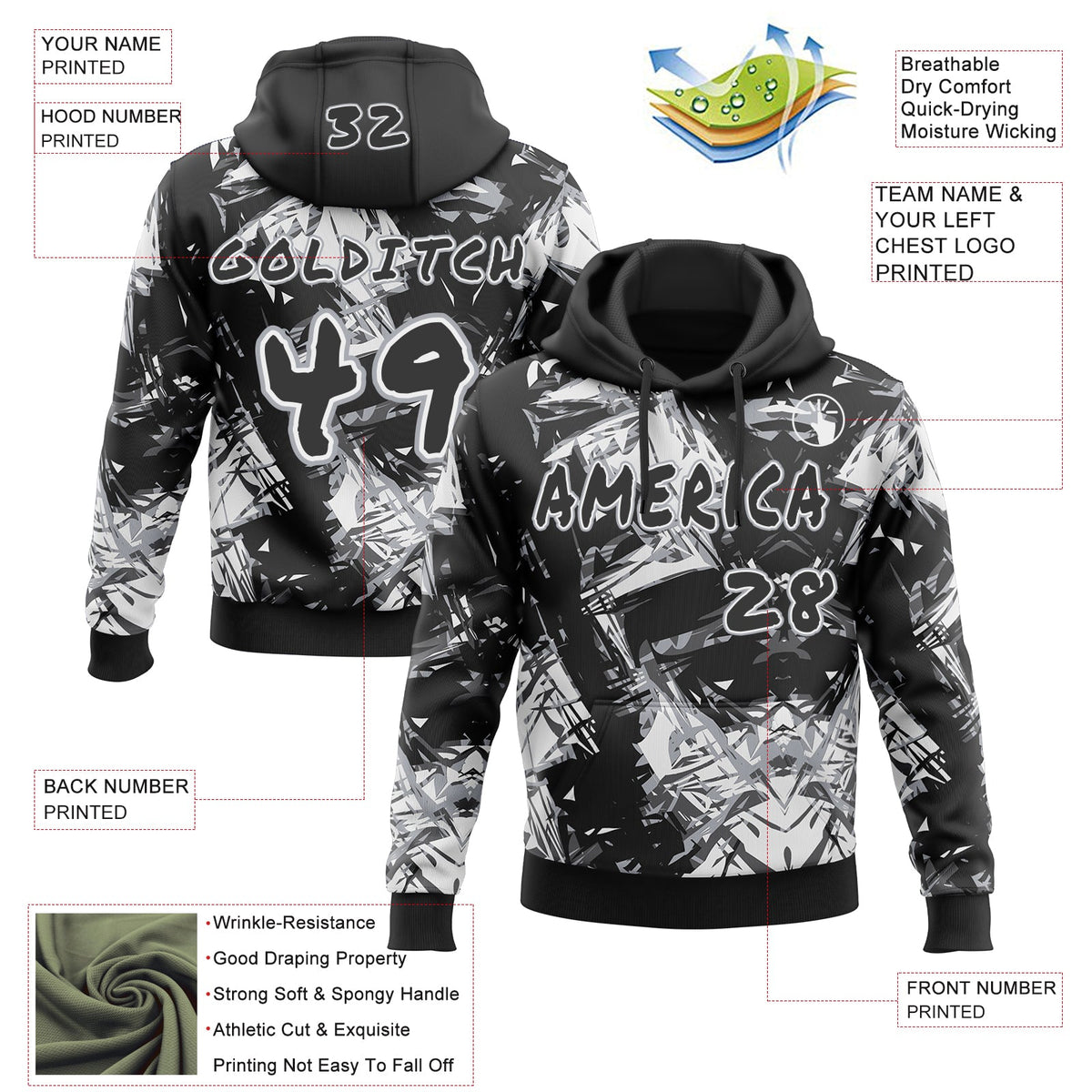 Custom Graffiti Pattern Black White-Gray Geometric Shatter Scratch Splatter Pullover Sweatshirt Hoodie