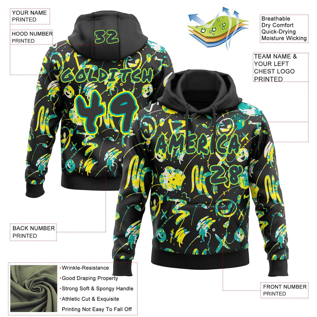 Custom Graffiti Pattern Black Aqua-Light Yellow Emoji Brush Stroke Splatter Pullover Sweatshirt Hoodie