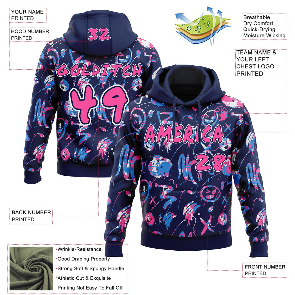 Custom Graffiti Pattern Pink Navy-White Emoji Brush Stroke Splatter Pullover Sweatshirt Hoodie