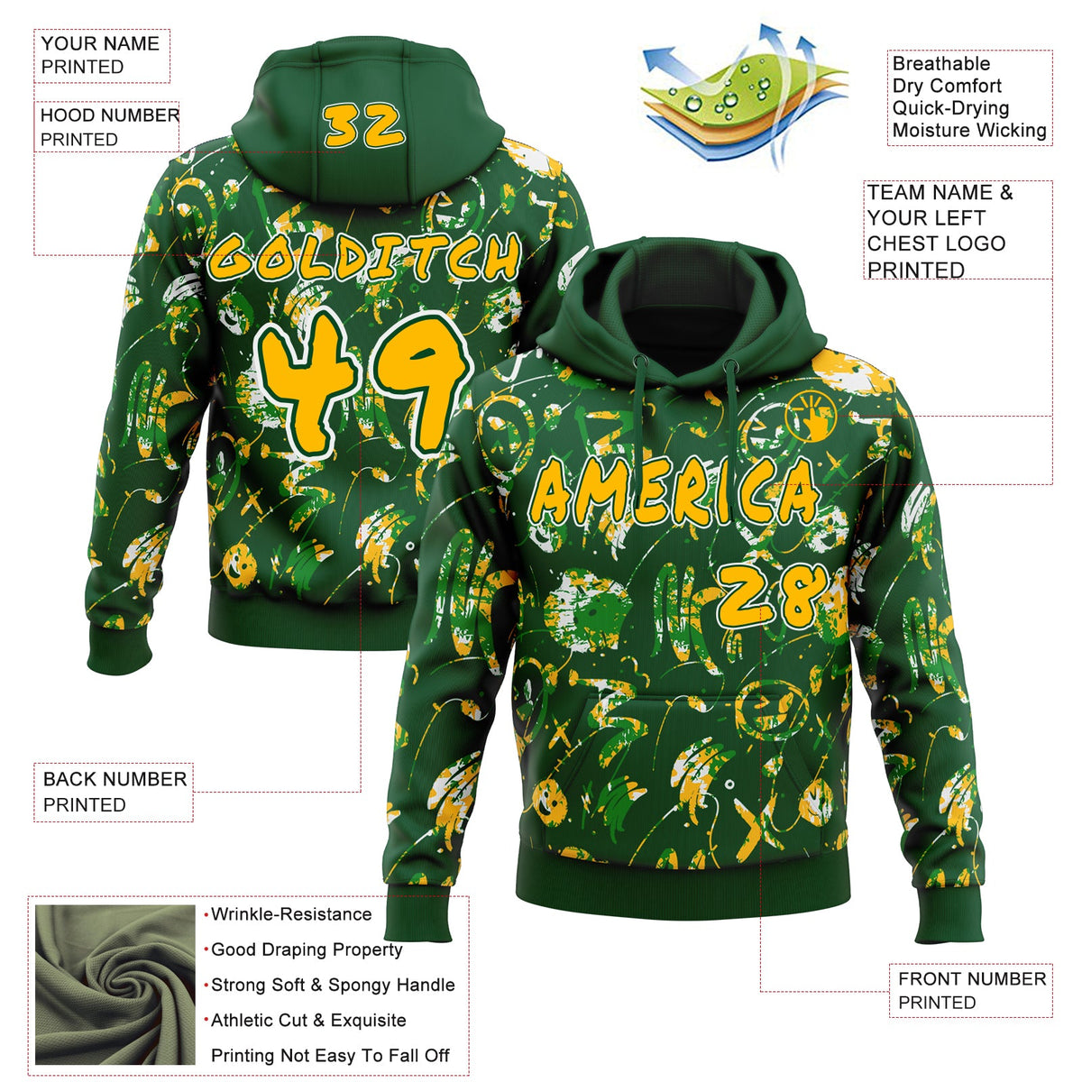 Custom Graffiti Pattern Gold Green-White Emoji Brush Stroke Splatter Pullover Sweatshirt Hoodie