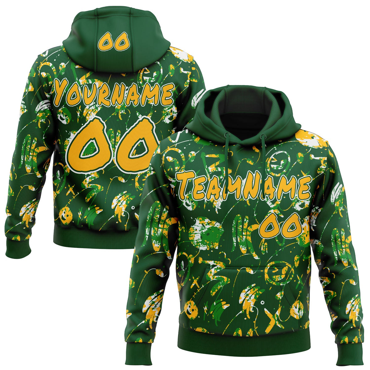 Custom Graffiti Pattern Gold Green-White Emoji Brush Stroke Splatter Pullover Sweatshirt Hoodie