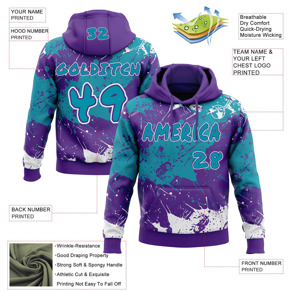 Custom Graffiti Pattern Teal Purple-White Paint Splatter Pullover Sweatshirt Hoodie