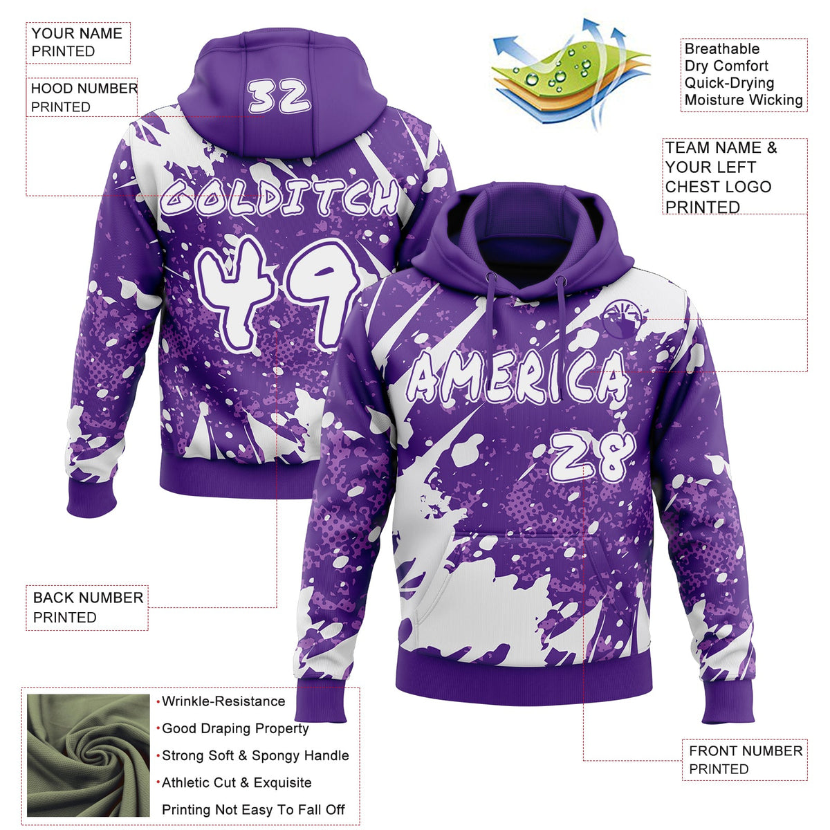 Custom Graffiti Pattern White-Purple Paint Splatter Halftone Dots Pullover Sweatshirt Hoodie