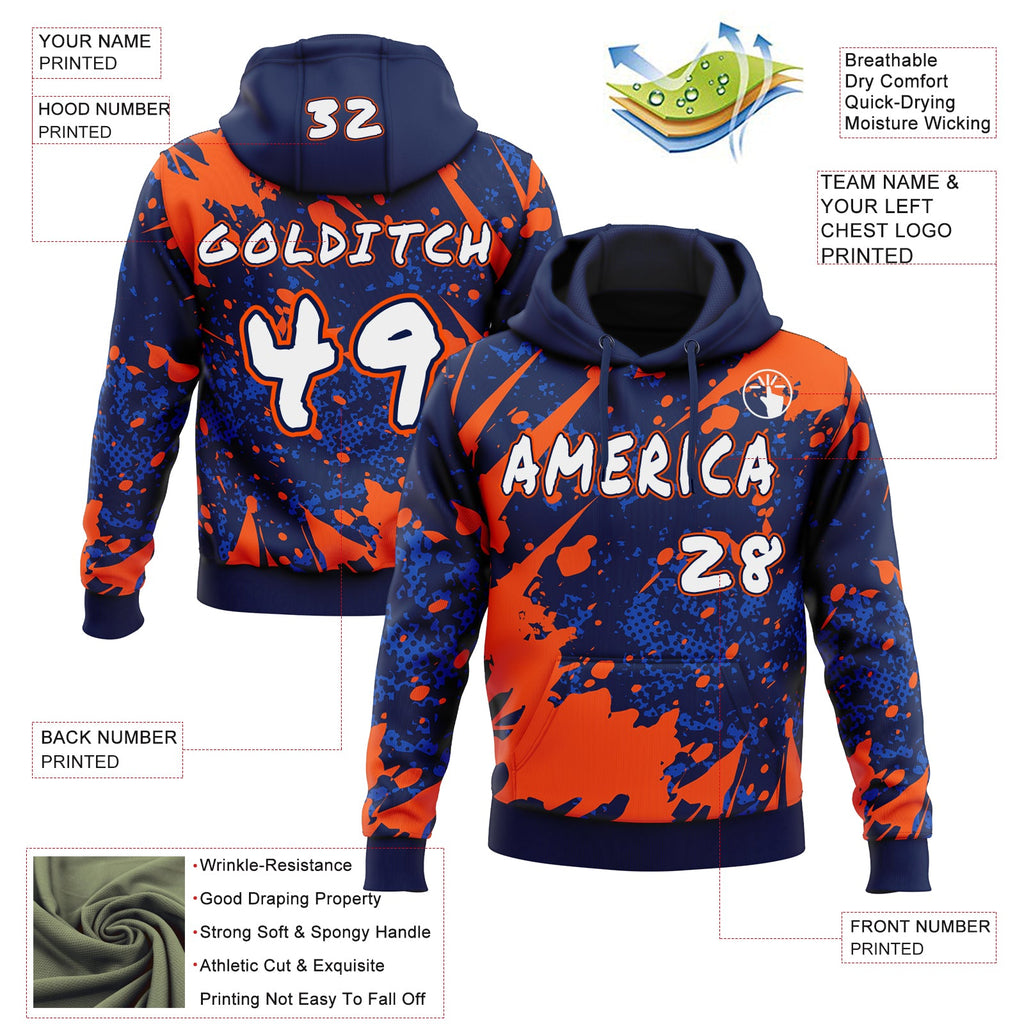Custom Graffiti Pattern White Navy-Orange Paint Splatter Halftone Dots Pullover Sweatshirt Hoodie