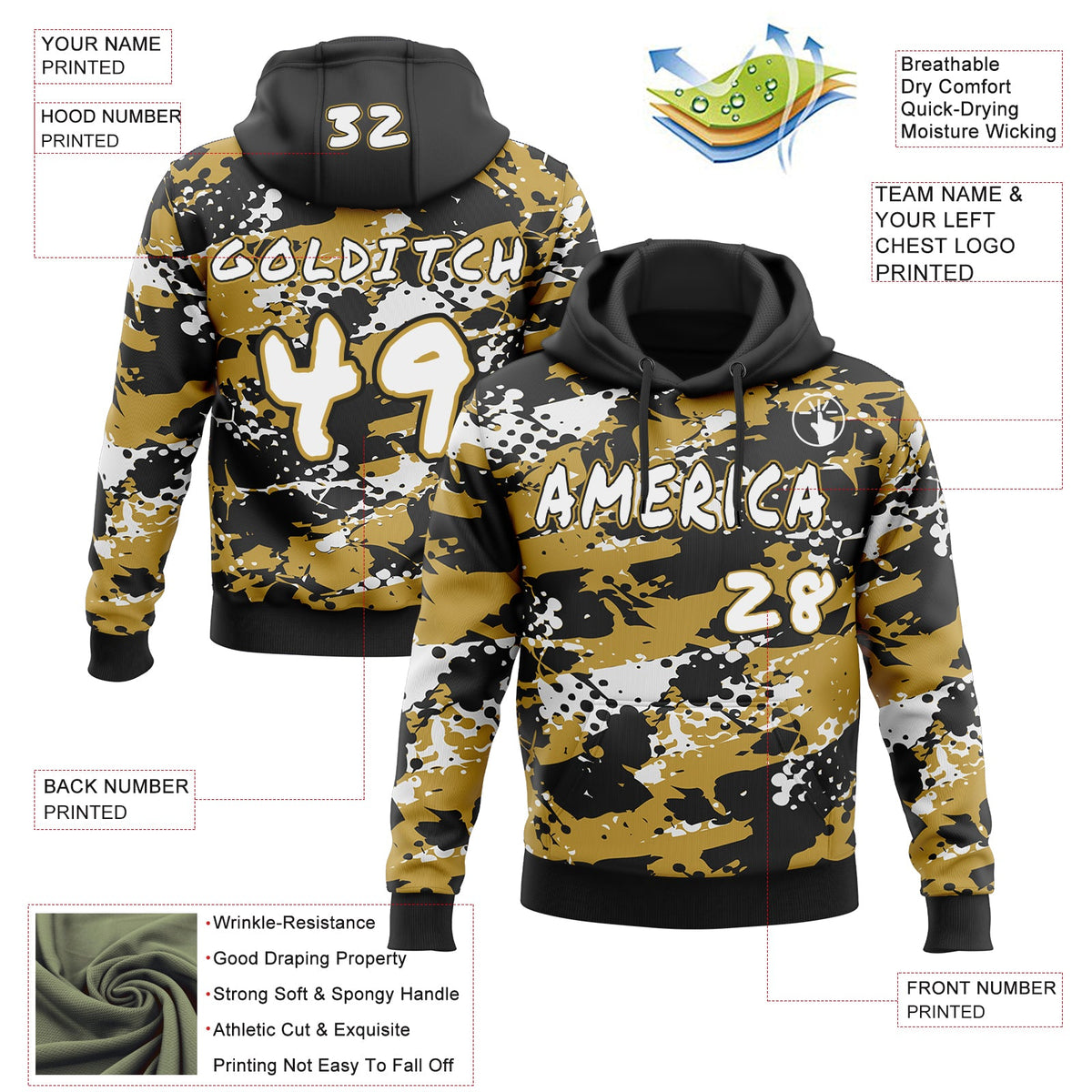 Custom Graffiti Pattern White Old Gold-Black Paint Splatter Halftone Dots Pullover Sweatshirt Hoodie