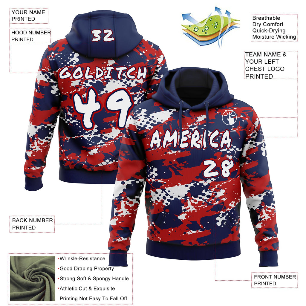 Custom Graffiti Pattern White Navy-Red Paint Splatter Halftone Dots Pullover Sweatshirt Hoodie