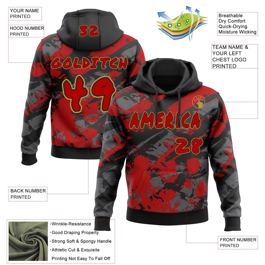 Custom Graffiti Pattern Red Black-Old Gold Brush Stroke Splatter Pullover Sweatshirt Hoodie