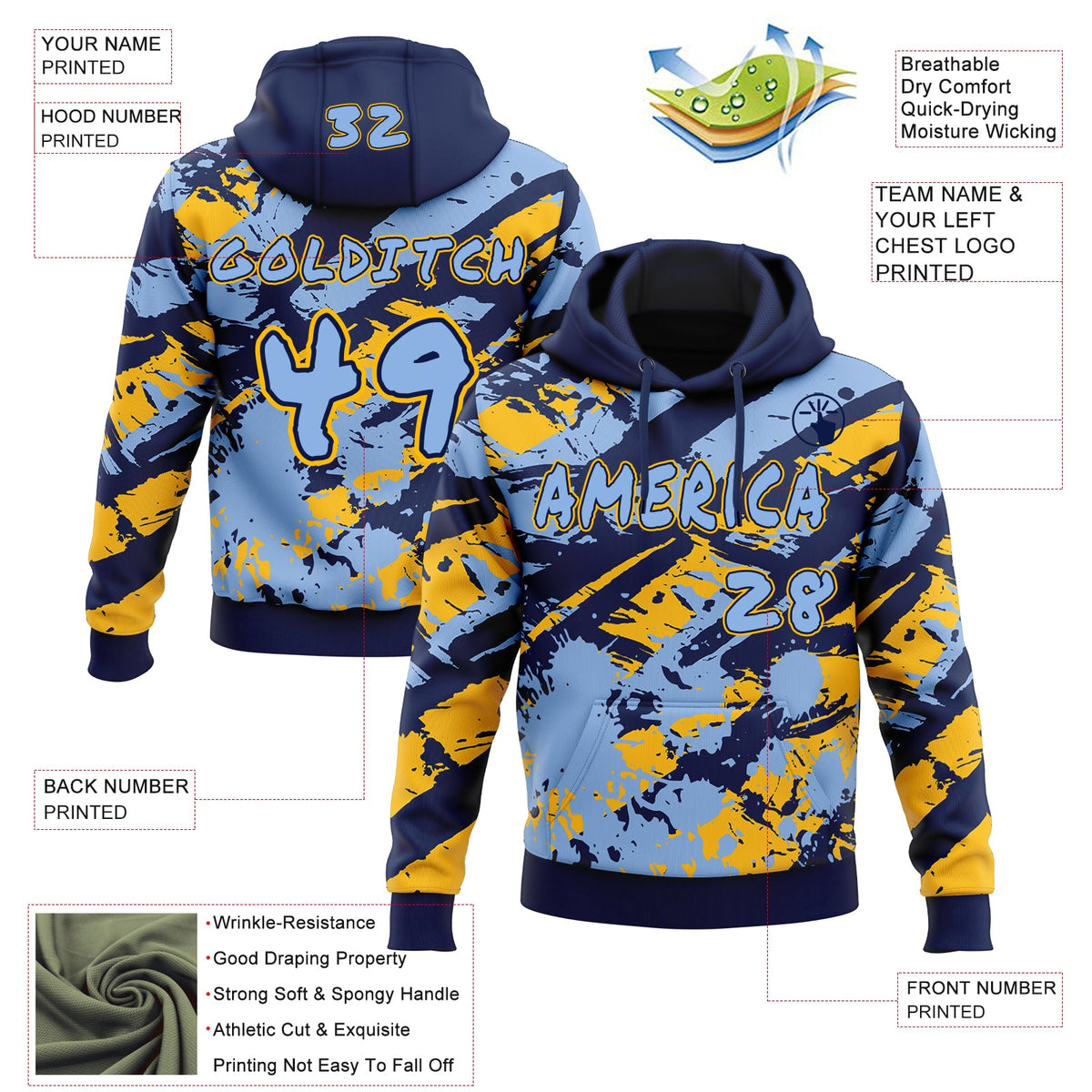 Custom Graffiti Pattern Light Blue Navy-Gold Brush Stroke Splatter Pullover Sweatshirt Hoodie