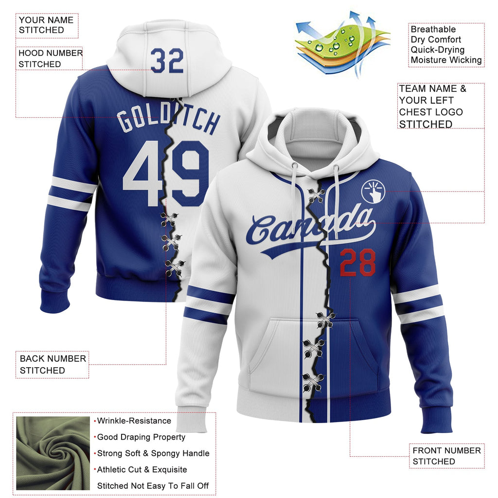 Custom Royal White-Red Split Ripped Pattern Baseball Pullover Sweatshirt Hoodie