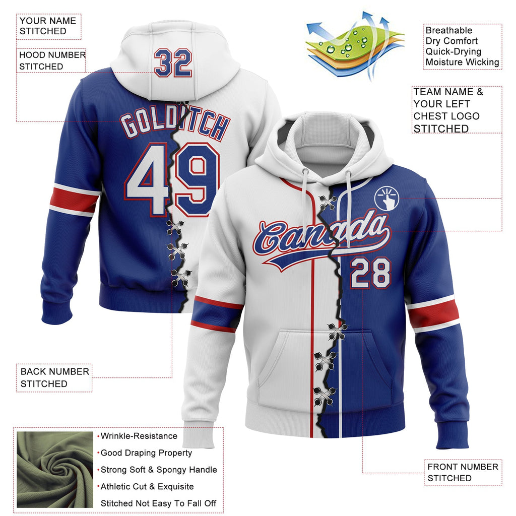 Custom Royal White-Red Split Ripped Pattern Baseball Pullover Sweatshirt Hoodie