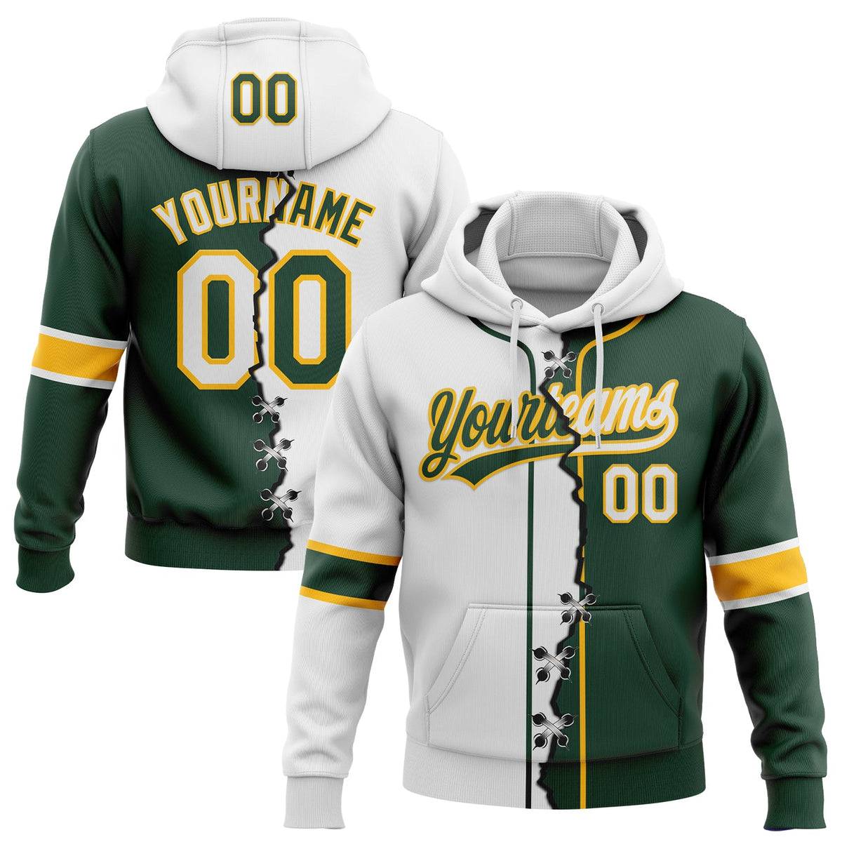 Custom Green White-Gold Split Ripped Pattern Baseball Pullover Sweatshirt Hoodie