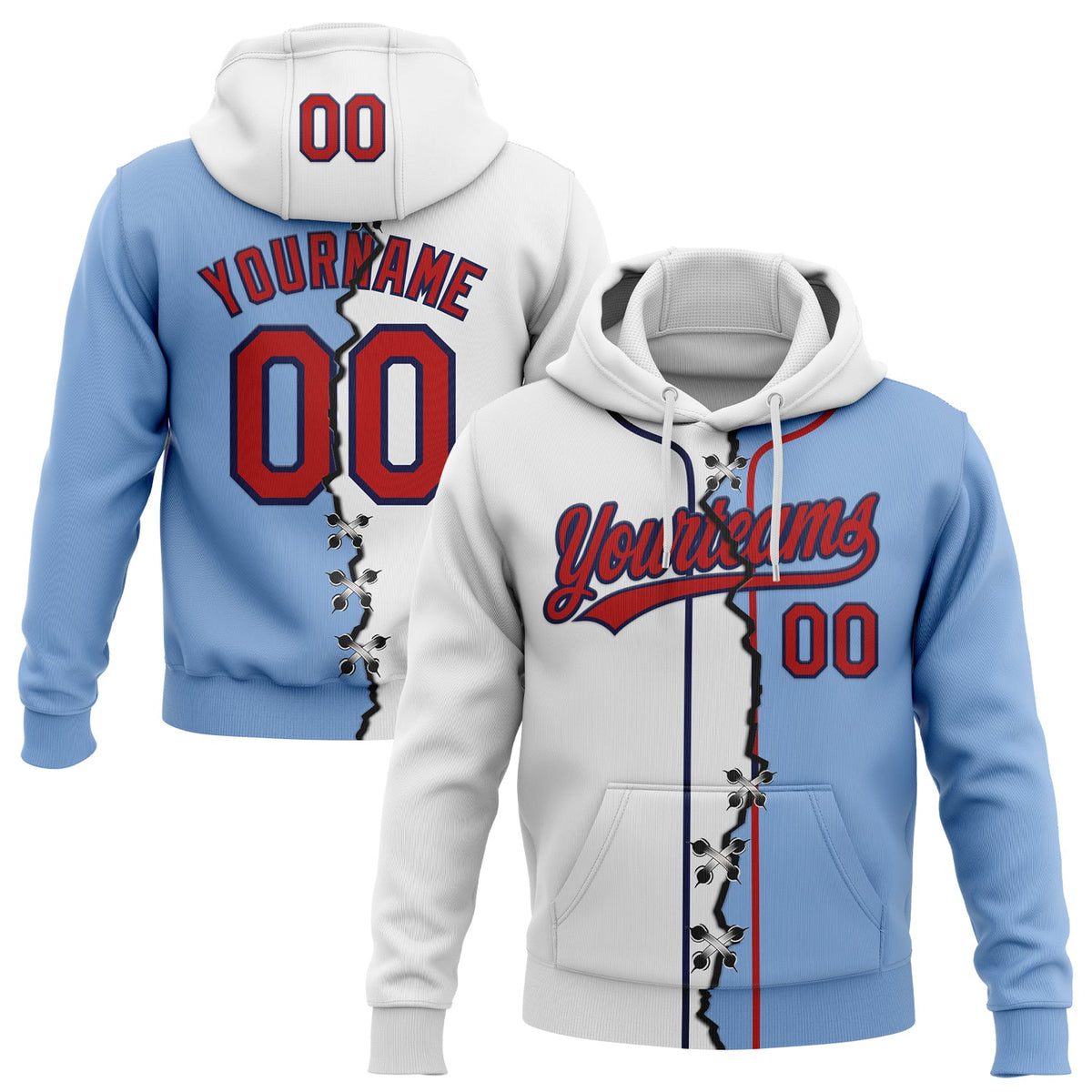 Custom Light Blue Red-Navy Split Ripped Pattern Baseball Pullover Sweatshirt Hoodie