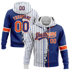 Custom Royal Orange-White Pinstripe Split Ripped Pattern Baseball Pullover Sweatshirt Hoodie
