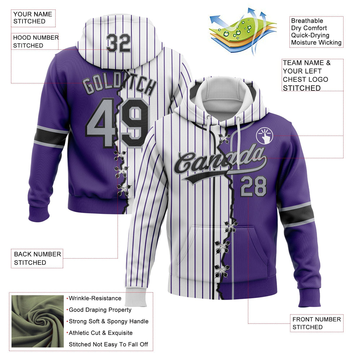 Custom Purple Gray Black-White Pinstripe Split Ripped Pattern Baseball Pullover Sweatshirt Hoodie