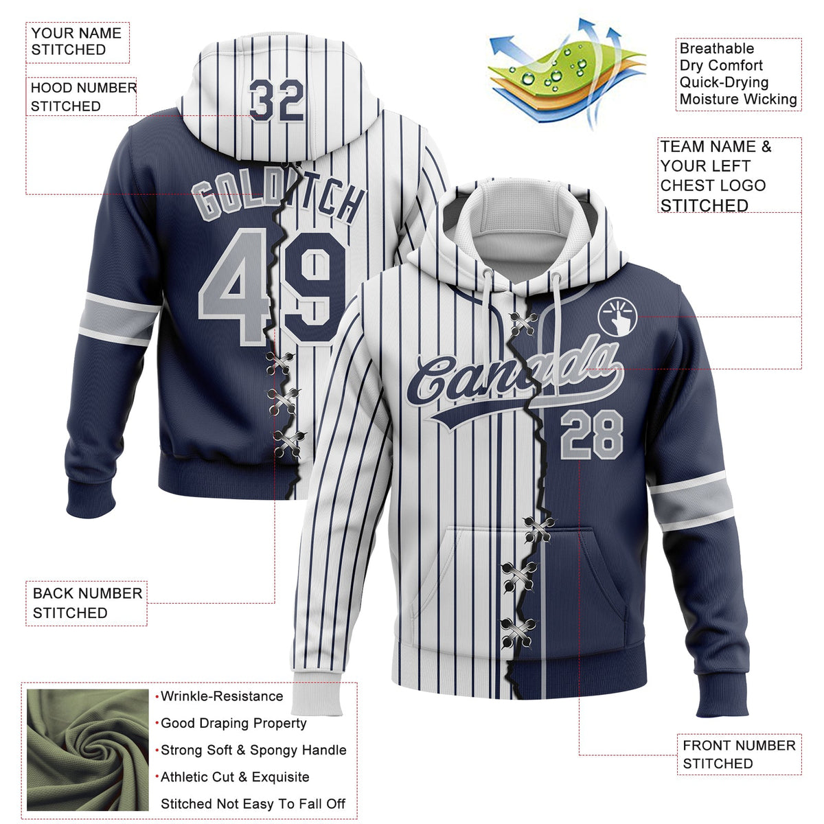Custom Navy Gray-White Pinstripe Split Ripped Pattern Baseball Pullover Sweatshirt Hoodie