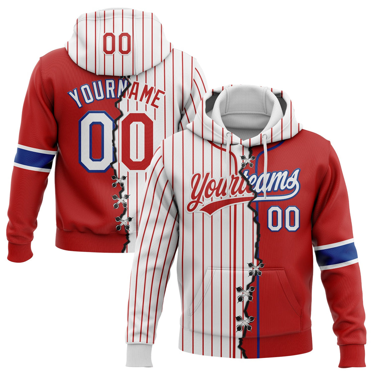 Custom Red White-Royal Pinstripe Split Ripped Pattern Baseball Pullover Sweatshirt Hoodie