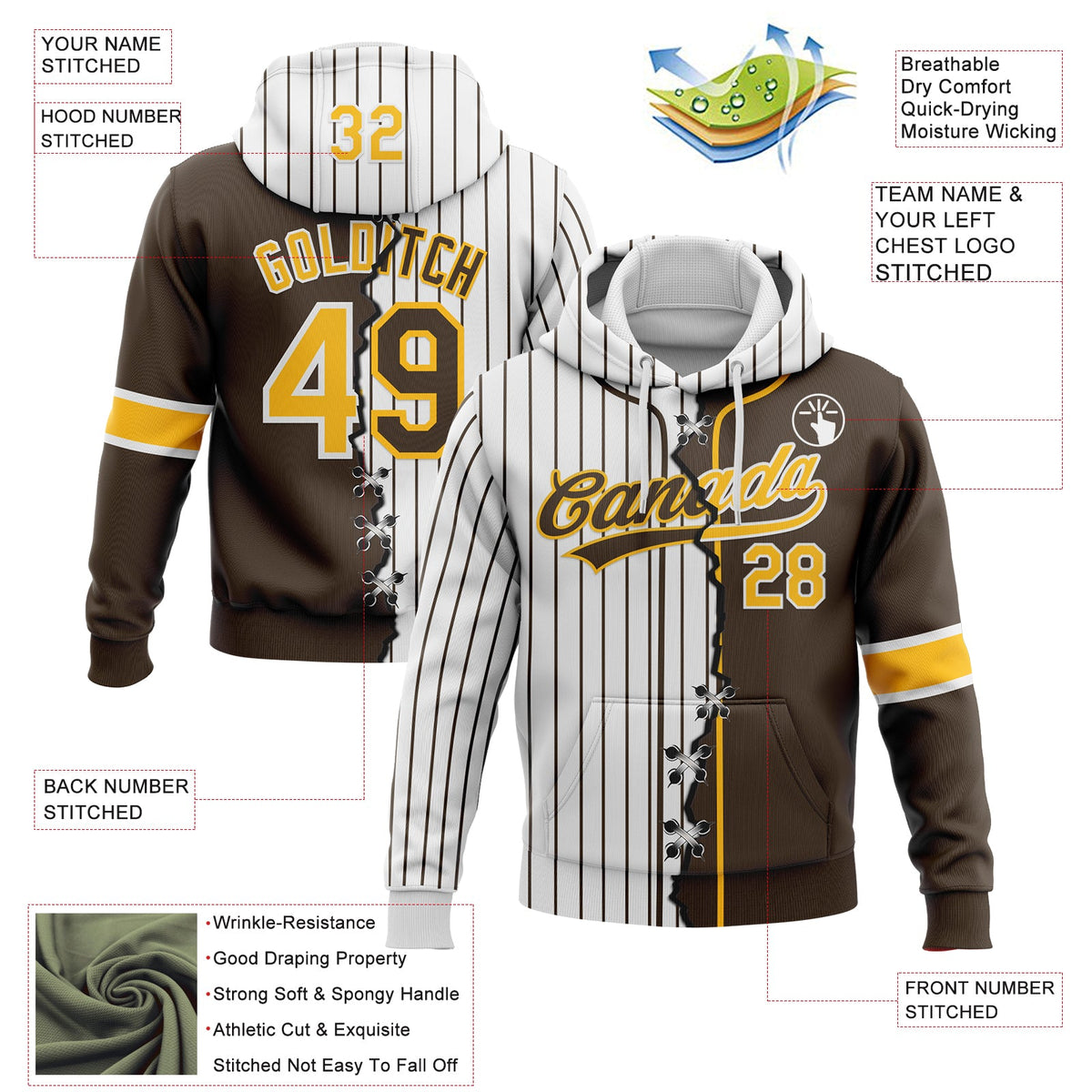 Custom Brown Gold-White Pinstripe Split Ripped Pattern Baseball Pullover Sweatshirt Hoodie