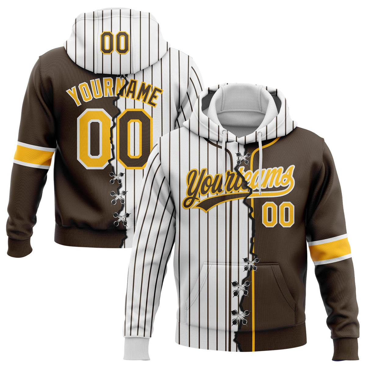 Custom Brown Gold-White Pinstripe Split Ripped Pattern Baseball Pullover Sweatshirt Hoodie