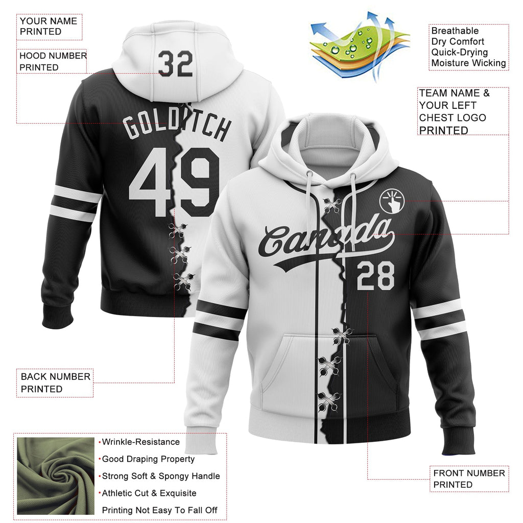 Custom Black White Split Ripped Pattern Baseball Pullover Sweatshirt Hoodie