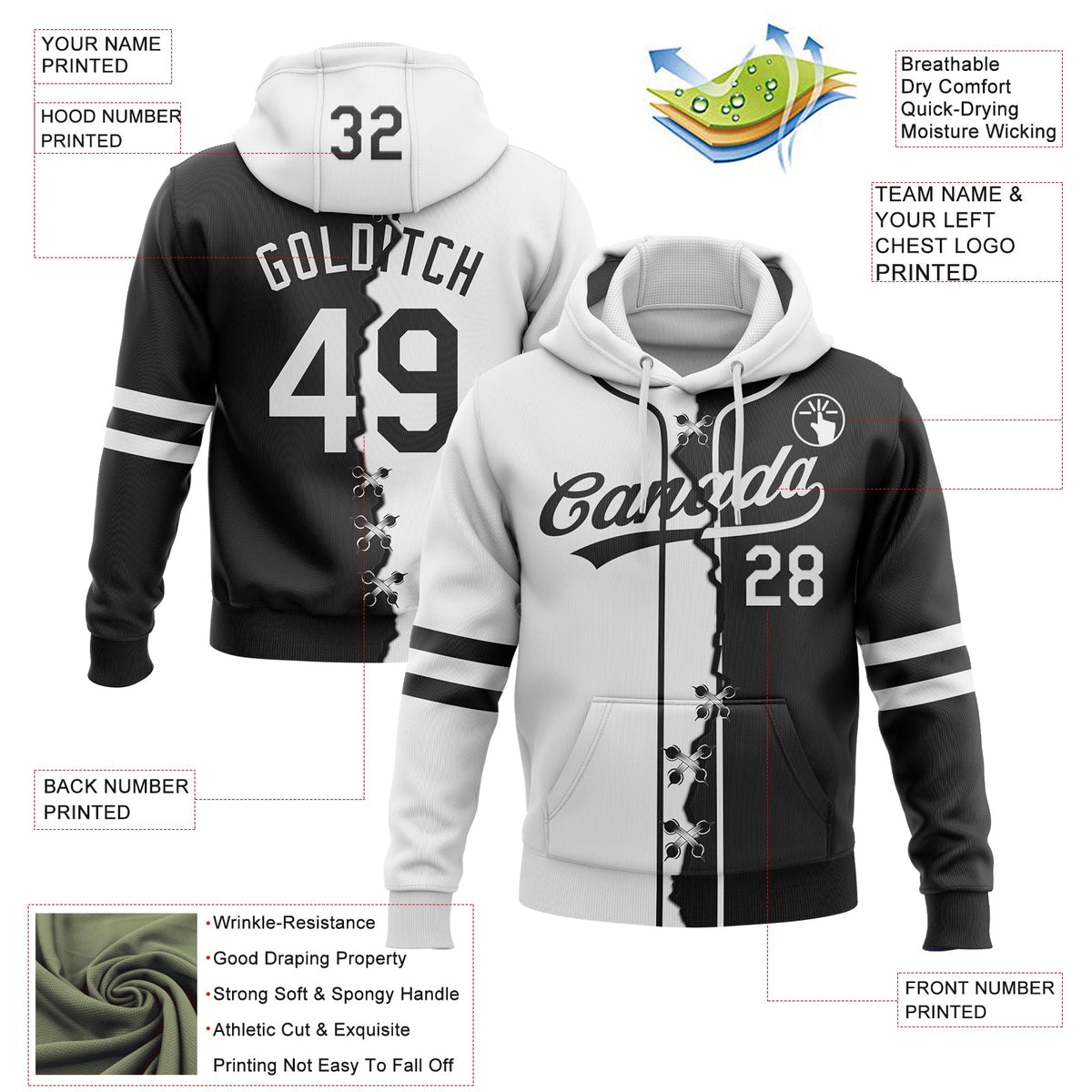 Custom Black White Split Ripped Pattern Baseball Pullover Sweatshirt Hoodie