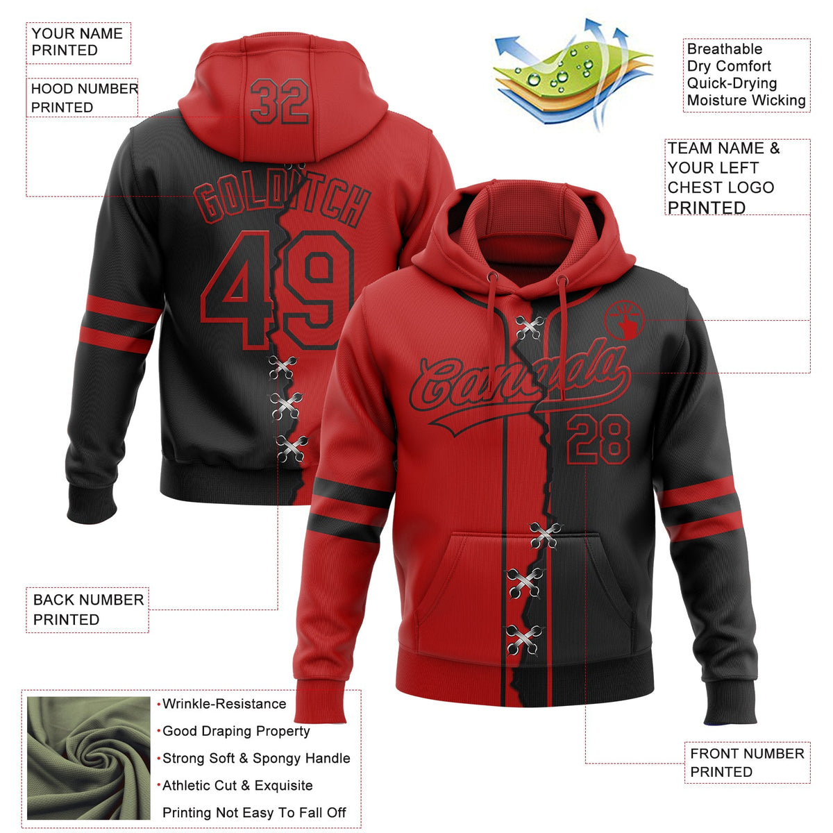 Custom Black Red Split Ripped Pattern Baseball Pullover Sweatshirt Hoodie