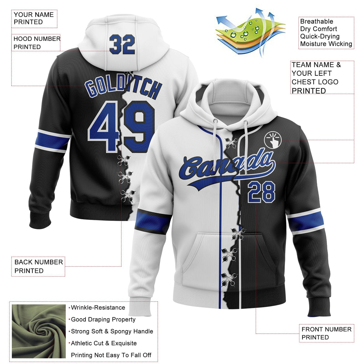 Custom Black Royal-White Split Ripped Pattern Baseball Pullover Sweatshirt Hoodie