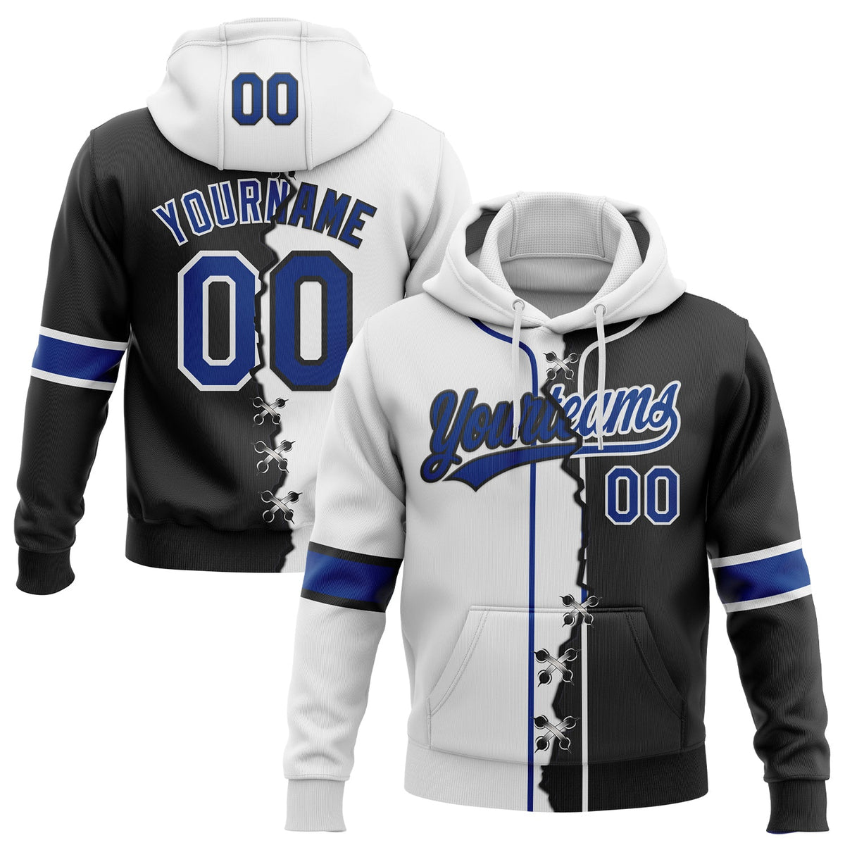 Custom Black Royal-White Split Ripped Pattern Baseball Pullover Sweatshirt Hoodie