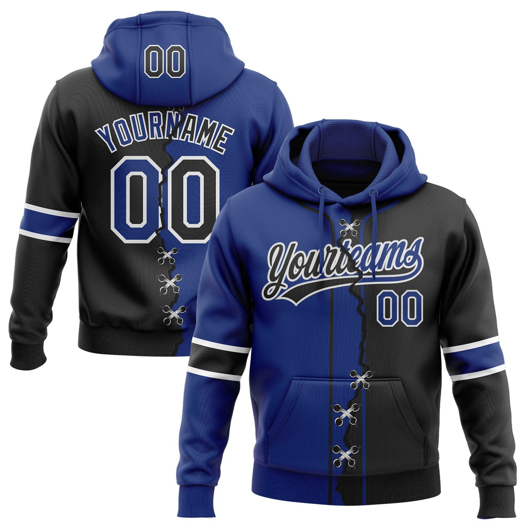 Custom Black Royal-White Split Ripped Pattern Baseball Pullover Sweatshirt Hoodie