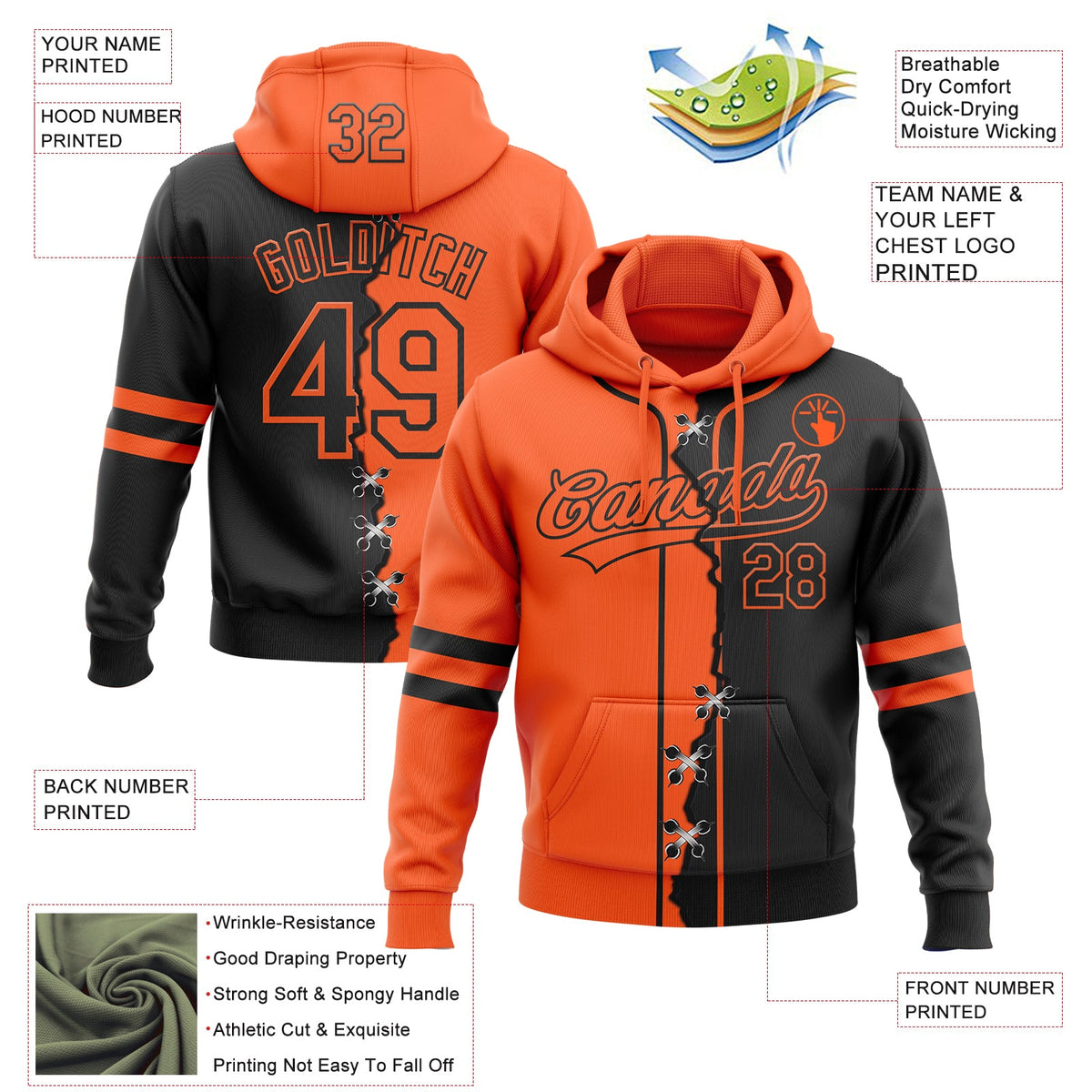 Custom Black Orange Split Ripped Pattern Baseball Pullover Sweatshirt Hoodie