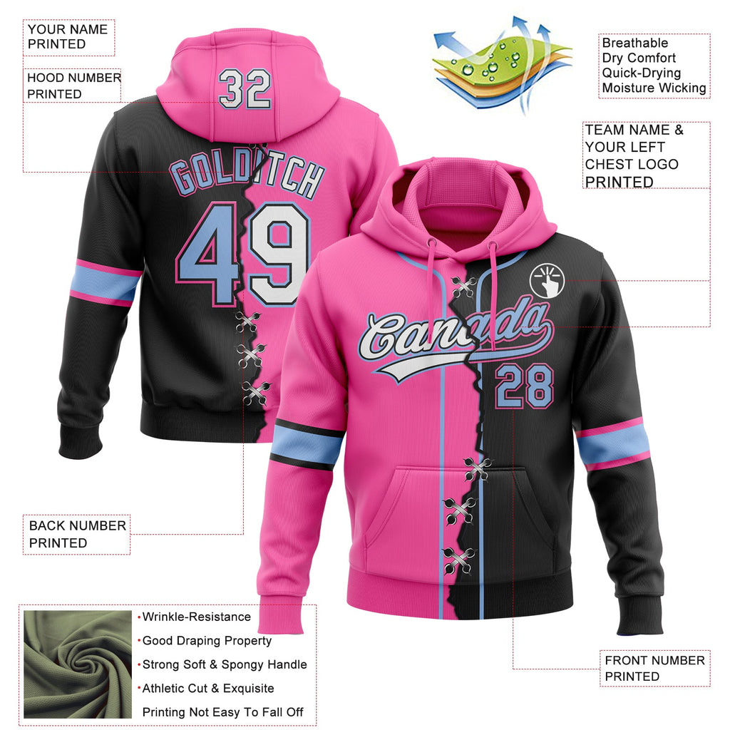 Custom Black Light Blue Pink-Whte Split Ripped Pattern Baseball Pullover Sweatshirt Hoodie