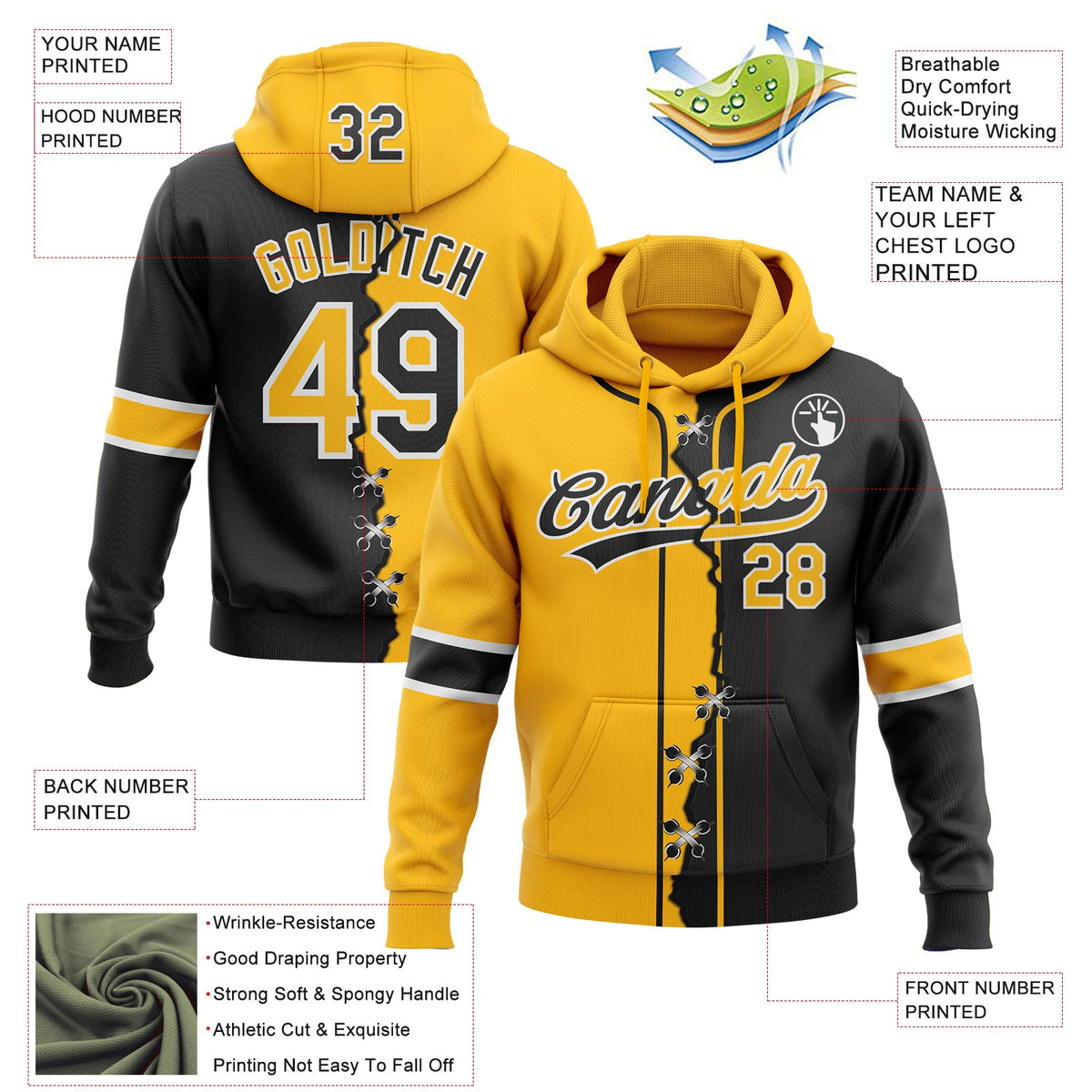 Custom Black Gold-Whte Split Ripped Pattern Baseball Pullover Sweatshirt Hoodie