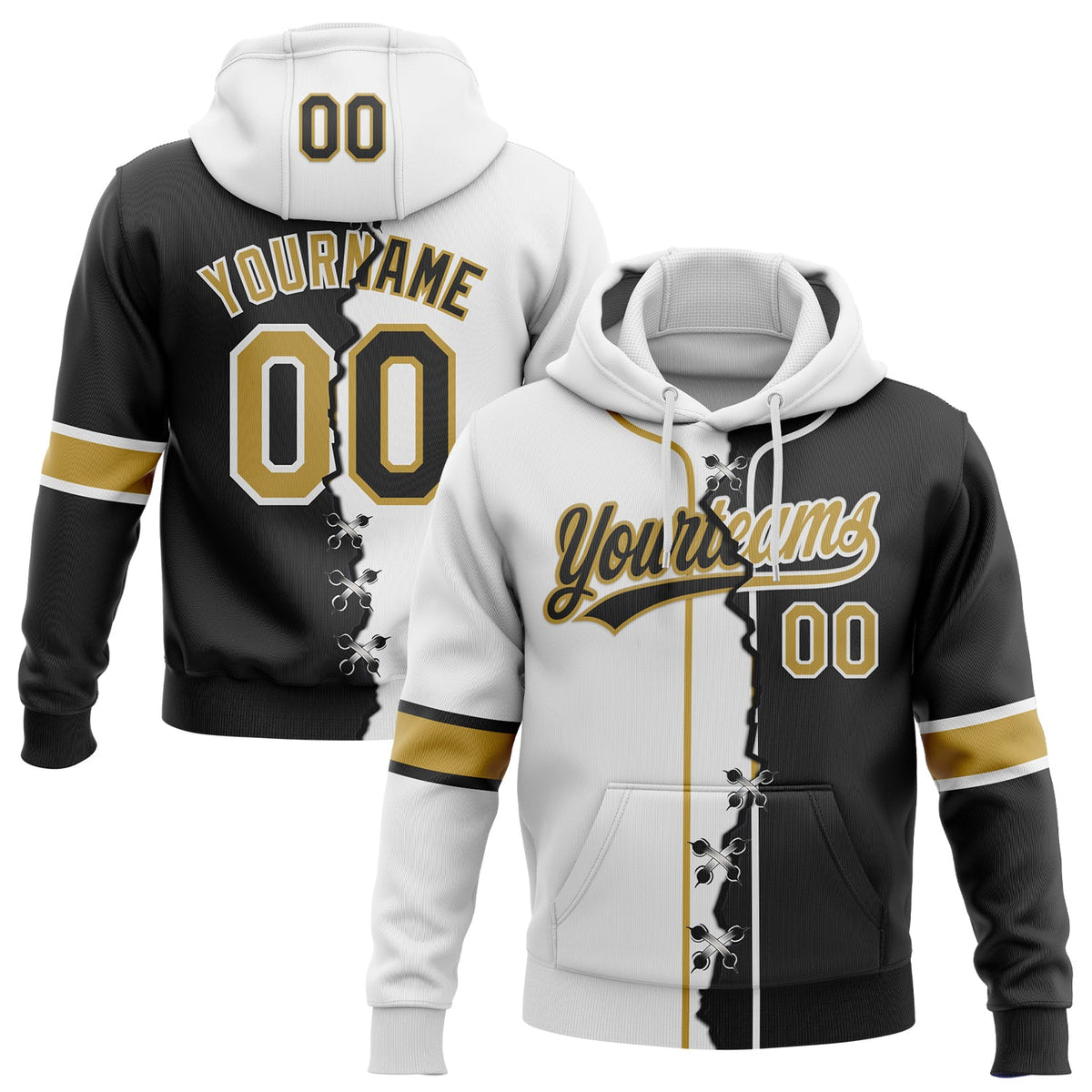 Custom Black Old Gold-White Split Ripped Pattern Baseball Pullover Sweatshirt Hoodie