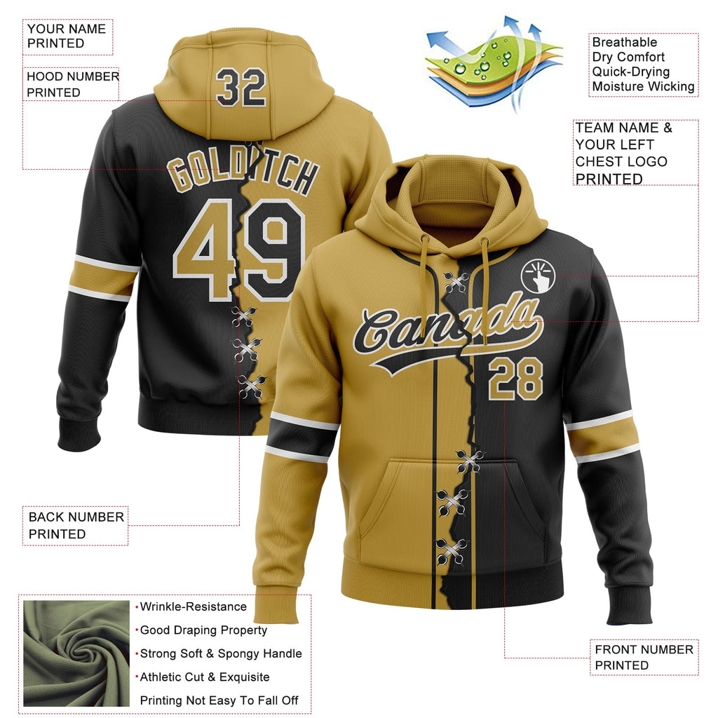 Custom Black Old Gold-White Split Ripped Pattern Baseball Pullover Sweatshirt Hoodie