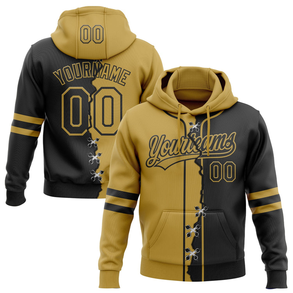 Custom Black Old Gold Split Ripped Pattern Baseball Pullover Sweatshirt Hoodie