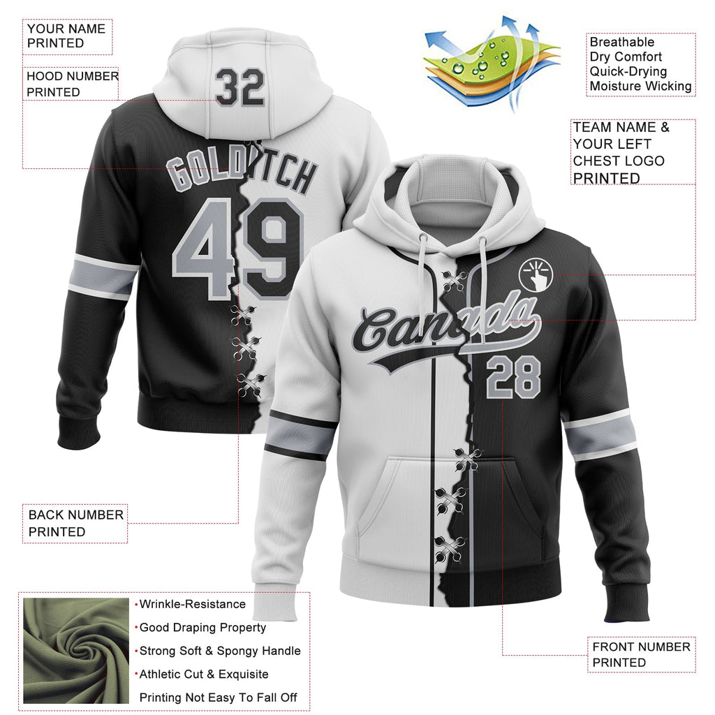 Custom Black Gray-White Split Ripped Pattern Baseball Pullover Sweatshirt Hoodie