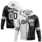 Custom Black Gray-White Split Ripped Pattern Baseball Pullover Sweatshirt Hoodie