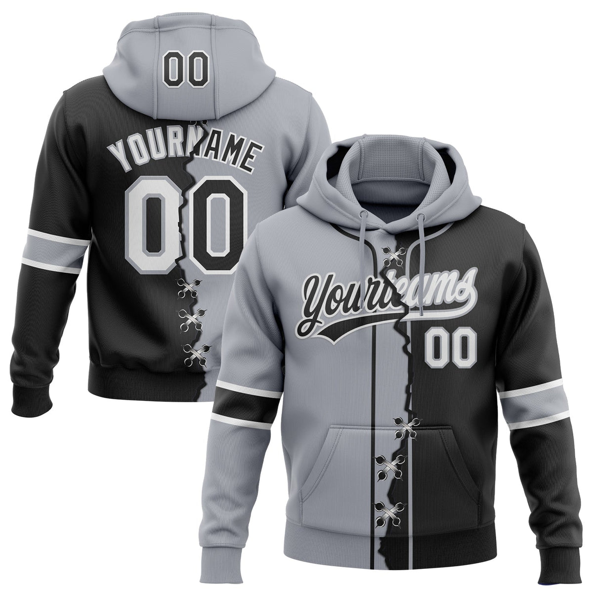 Custom Black Gray-White Split Ripped Pattern Baseball Pullover Sweatshirt Hoodie