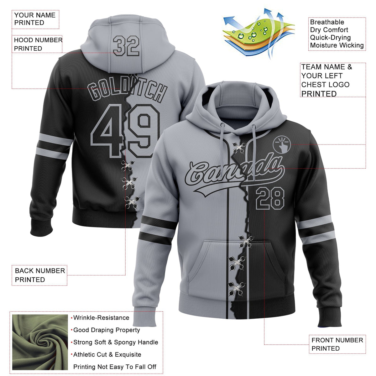 Custom Black Gray Split Ripped Pattern Baseball Pullover Sweatshirt Hoodie