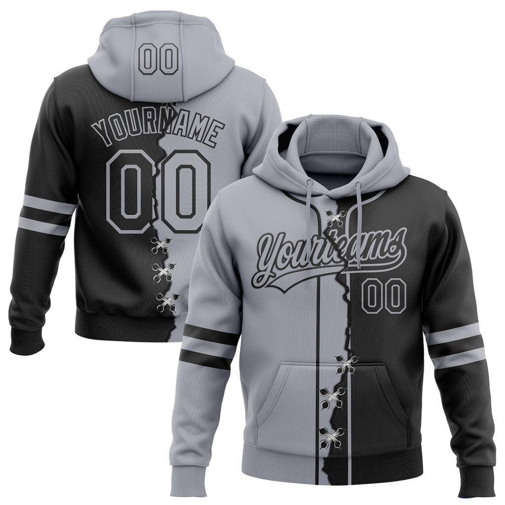 Custom Black Gray Split Ripped Pattern Baseball Pullover Sweatshirt Hoodie