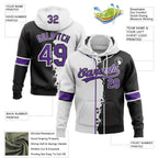 Custom Black Purple-White Split Ripped Pattern Baseball Pullover Sweatshirt Hoodie