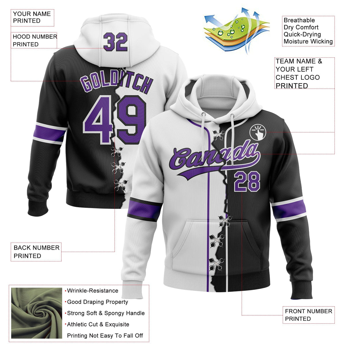 Custom Black Purple-White Split Ripped Pattern Baseball Pullover Sweatshirt Hoodie