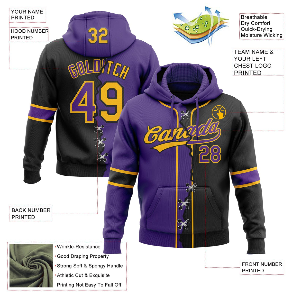 Custom Black Purple-Gold Split Ripped Pattern Baseball Pullover Sweatshirt Hoodie