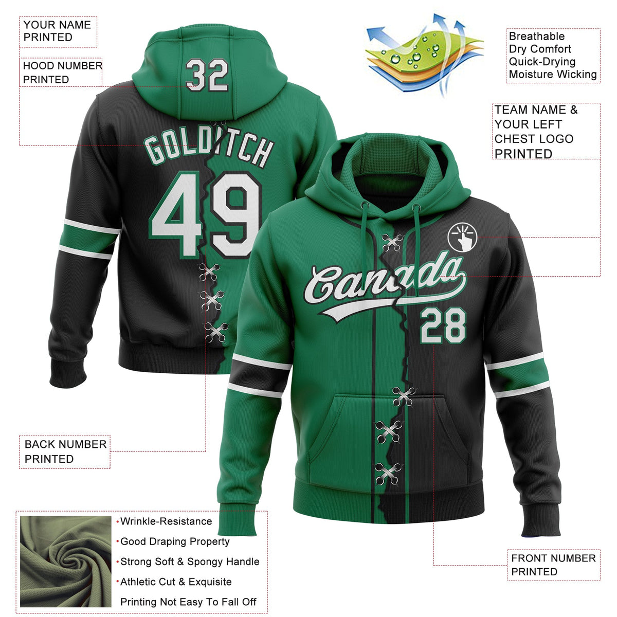 Custom Black White-Kelly Green Split Ripped Pattern Baseball Pullover Sweatshirt Hoodie