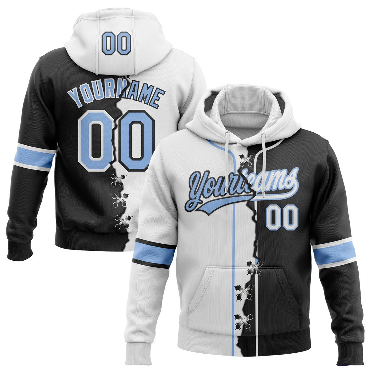 Custom Black Light Blue-White Split Ripped Pattern Baseball Pullover Sweatshirt Hoodie