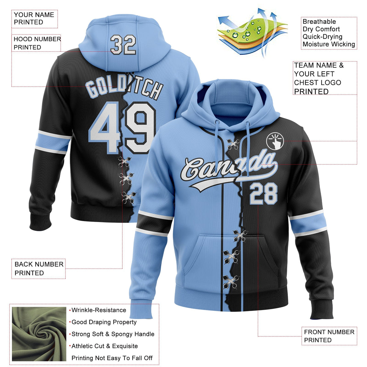 Custom Black White-Light Blue Split Ripped Pattern Baseball Pullover Sweatshirt Hoodie