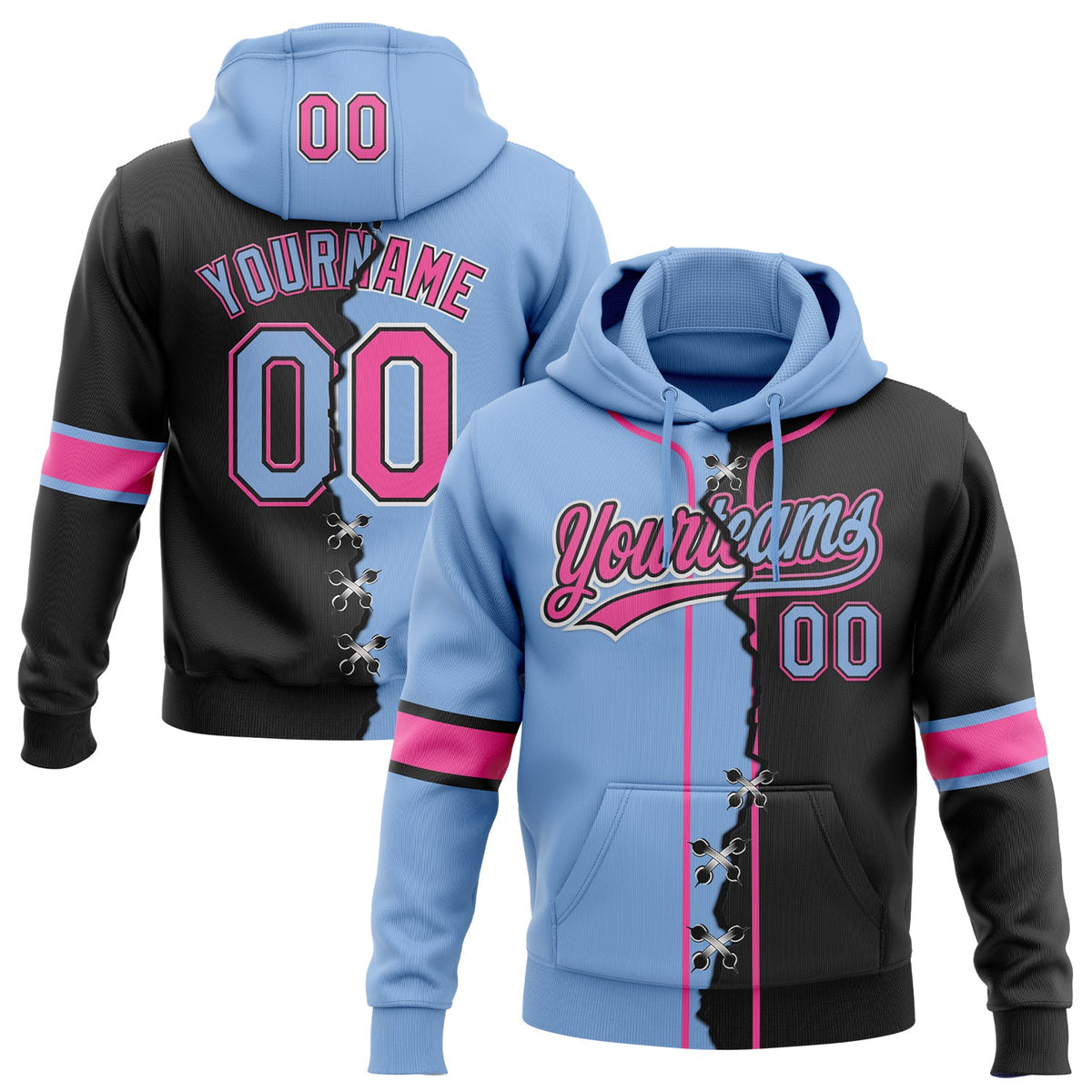Custom Black Light Blue Pink-White Split Ripped Pattern Baseball Pullover Sweatshirt Hoodie
