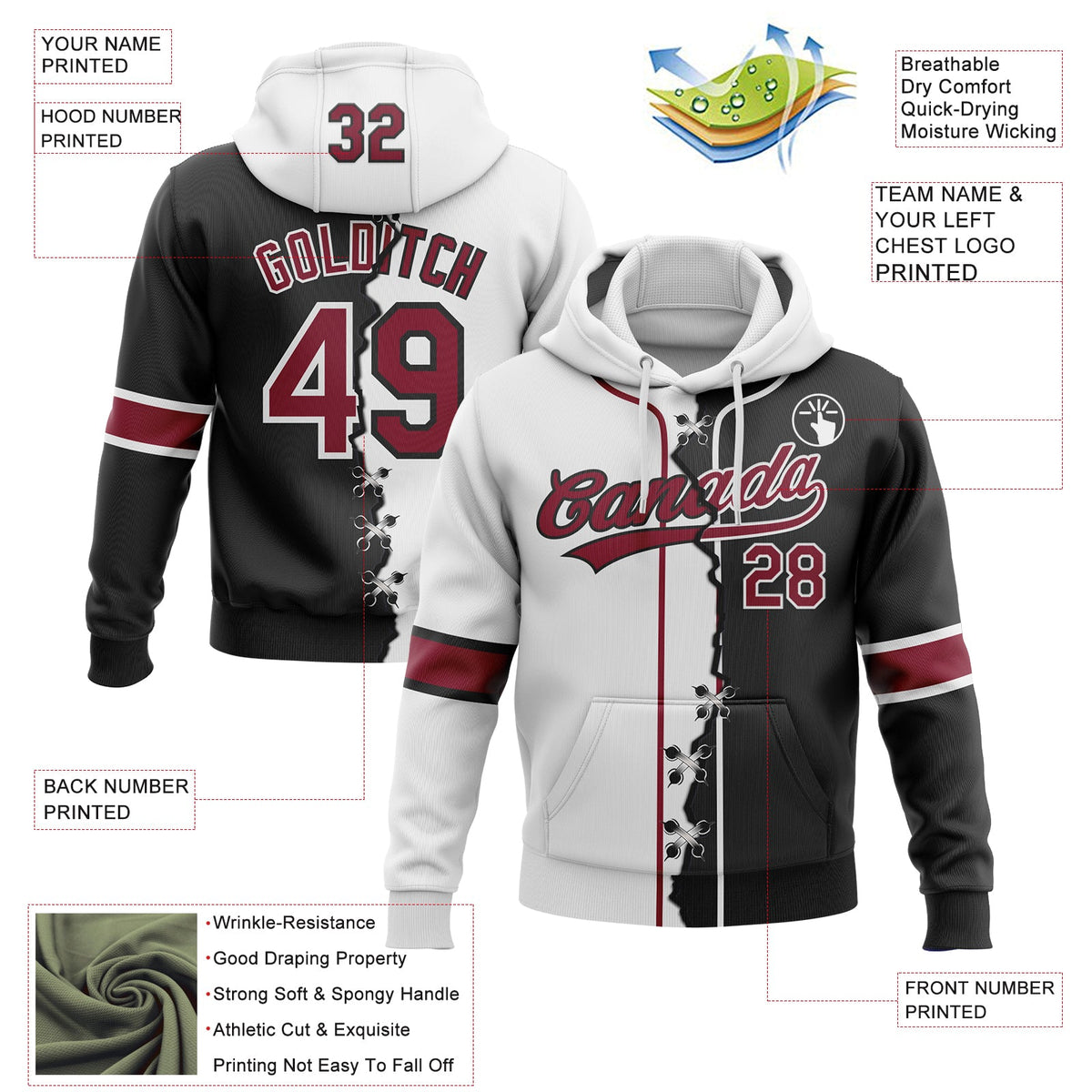 Custom Black Crimson-White Split Ripped Pattern Baseball Pullover Sweatshirt Hoodie