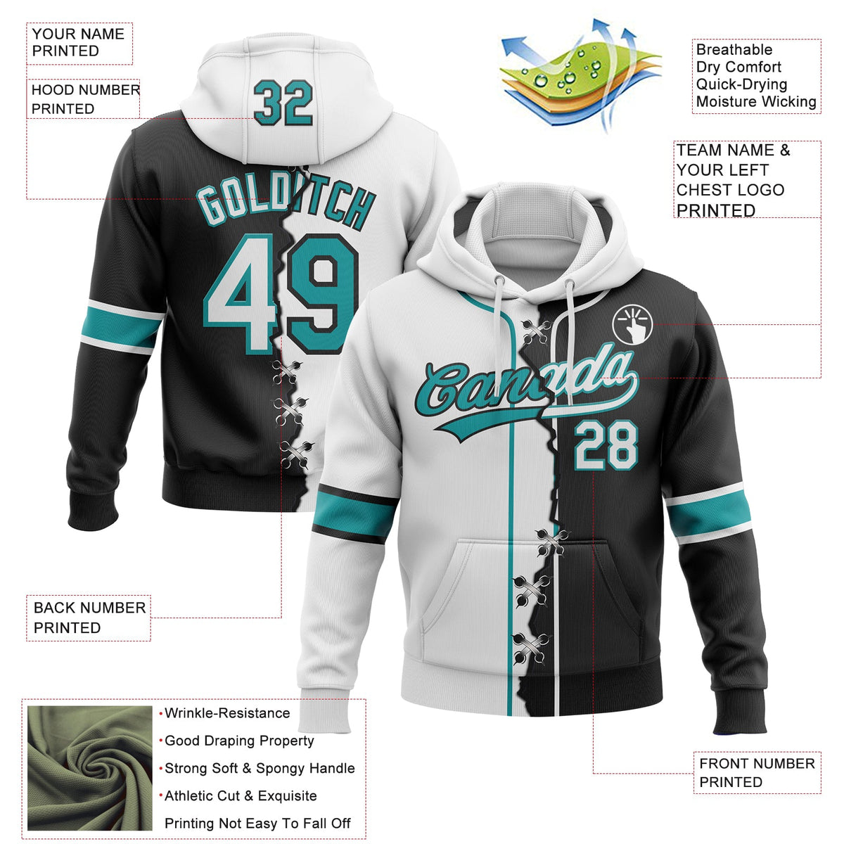 Custom Black White-Teal Split Ripped Pattern Baseball Pullover Sweatshirt Hoodie