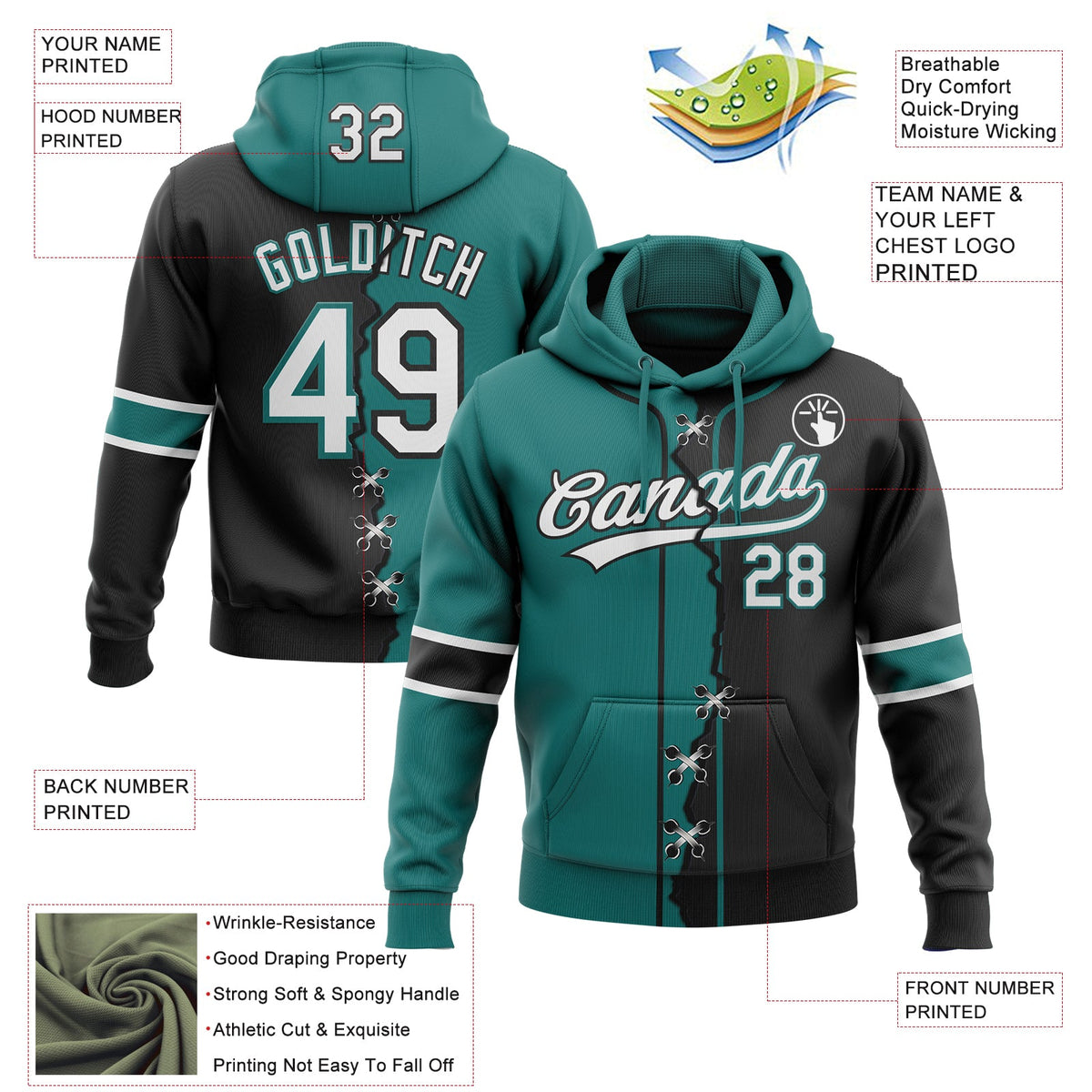 Custom Black White-Teal Split Ripped Pattern Baseball Pullover Sweatshirt Hoodie