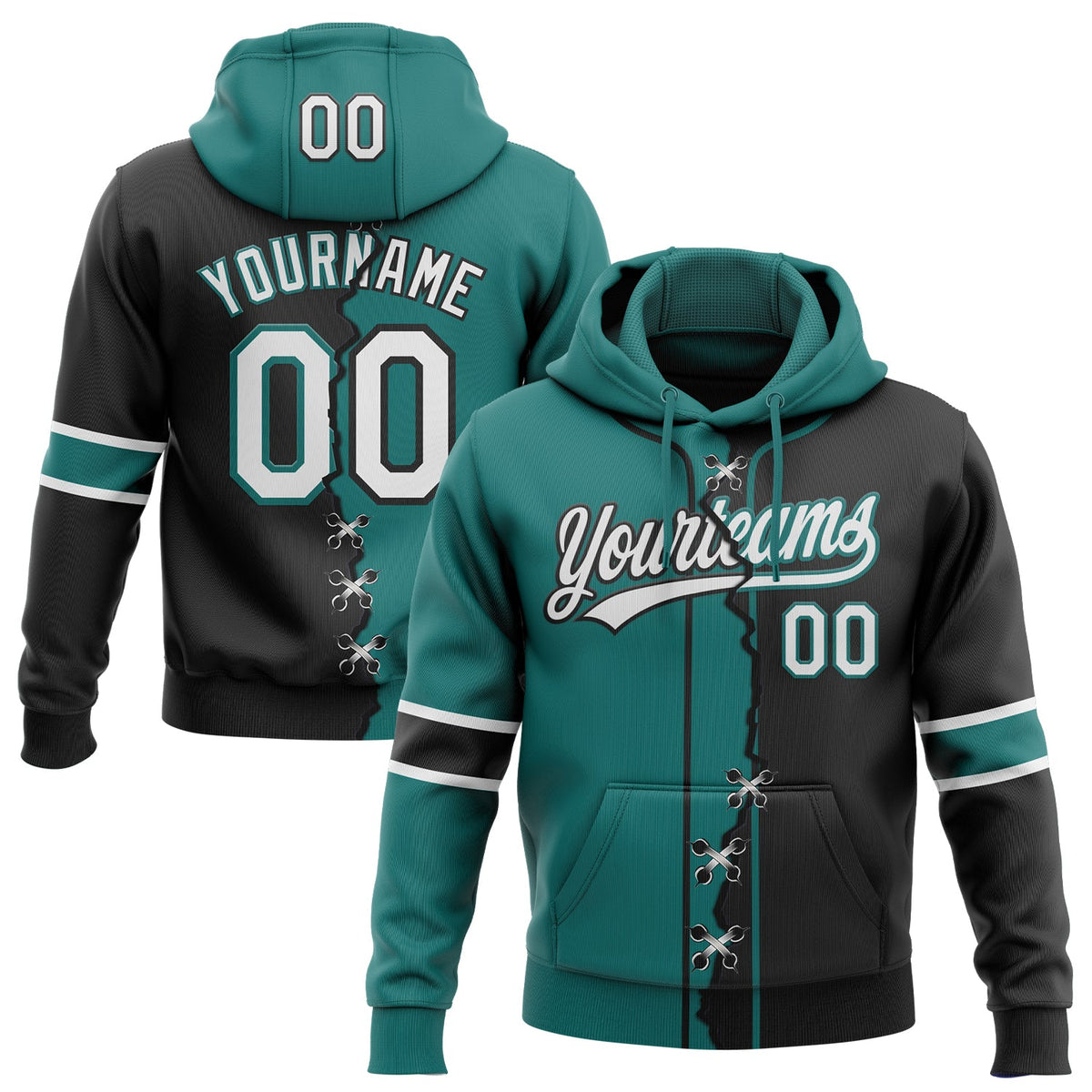 Custom Black White-Teal Split Ripped Pattern Baseball Pullover Sweatshirt Hoodie